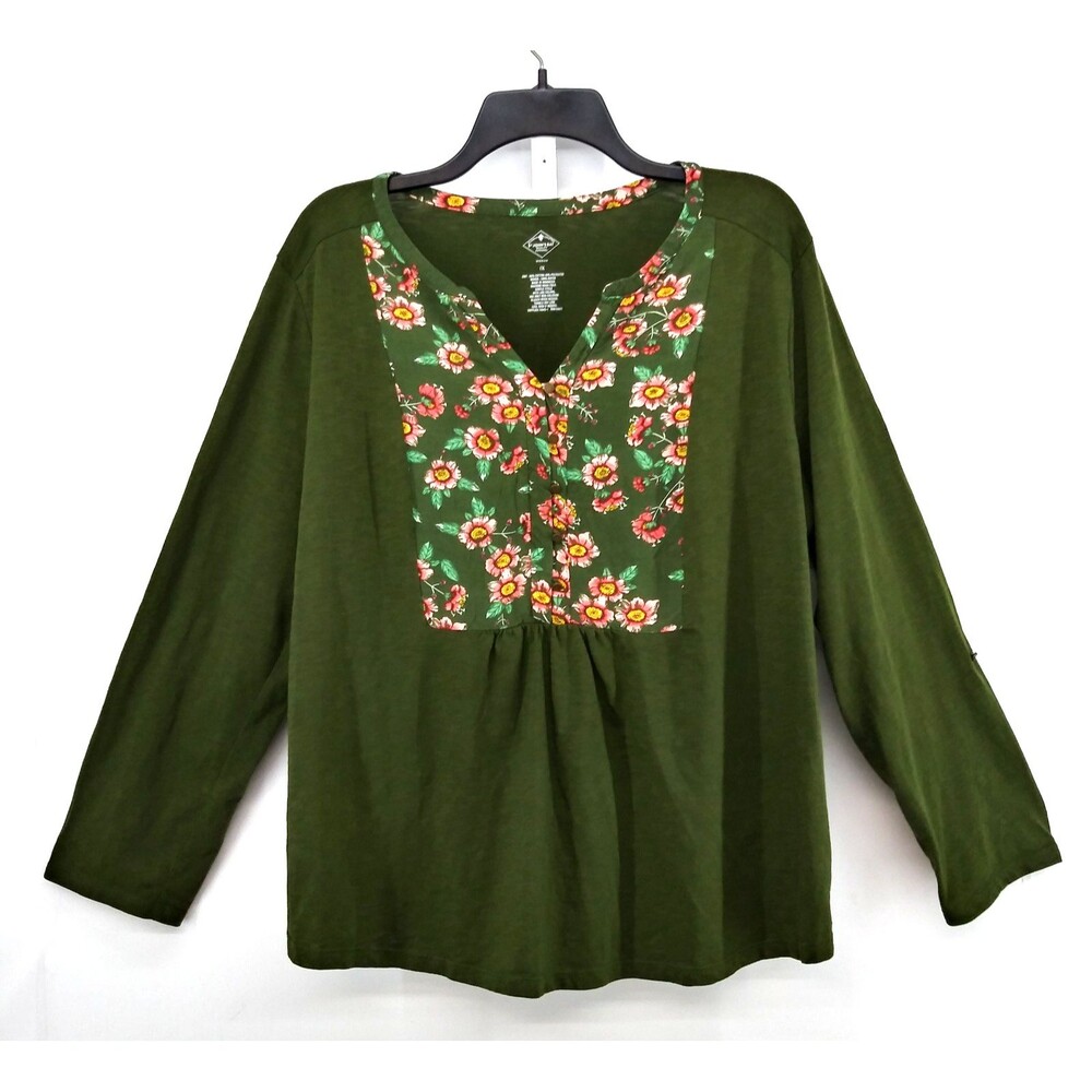 St Johns Bay Shirt Women Size 1X Green Floral Long Sleeve Split V Neck Casual